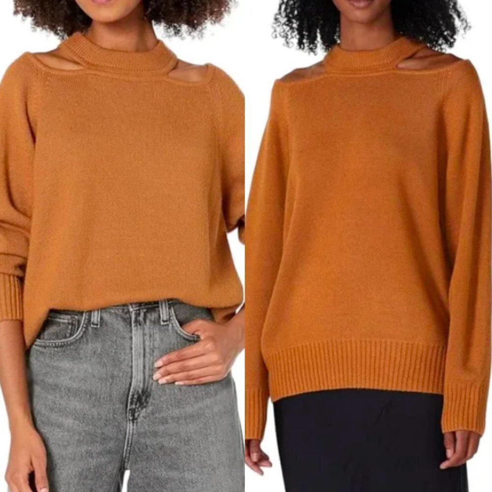 🦋 JASON WU Cognac Brown Cut Out Sweater Merino Wool Blend Slouchy Oversize Knit